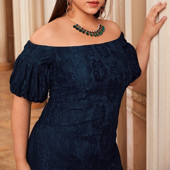 Plus Off Shoulder Floral Puff Sleeve Evening Wedding Dress - Picture 3 of 7